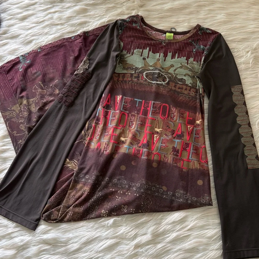 Bohemian Maroon Patchwork Long Sleeve Dress - Picture 4 of 10